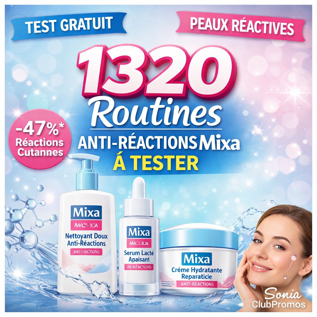 Image promotionnelle carrée présentant un test gratuit de la routine Anti-Réactions Mixa pour peaux sensibles et réactives, mention 1320 ambassadeurs Sampleo, routine visage en 3 étapes nettoyer apaiser réparer, formules sans parfum et sans alcool, signature Sonia ClubPromos en filigrane.