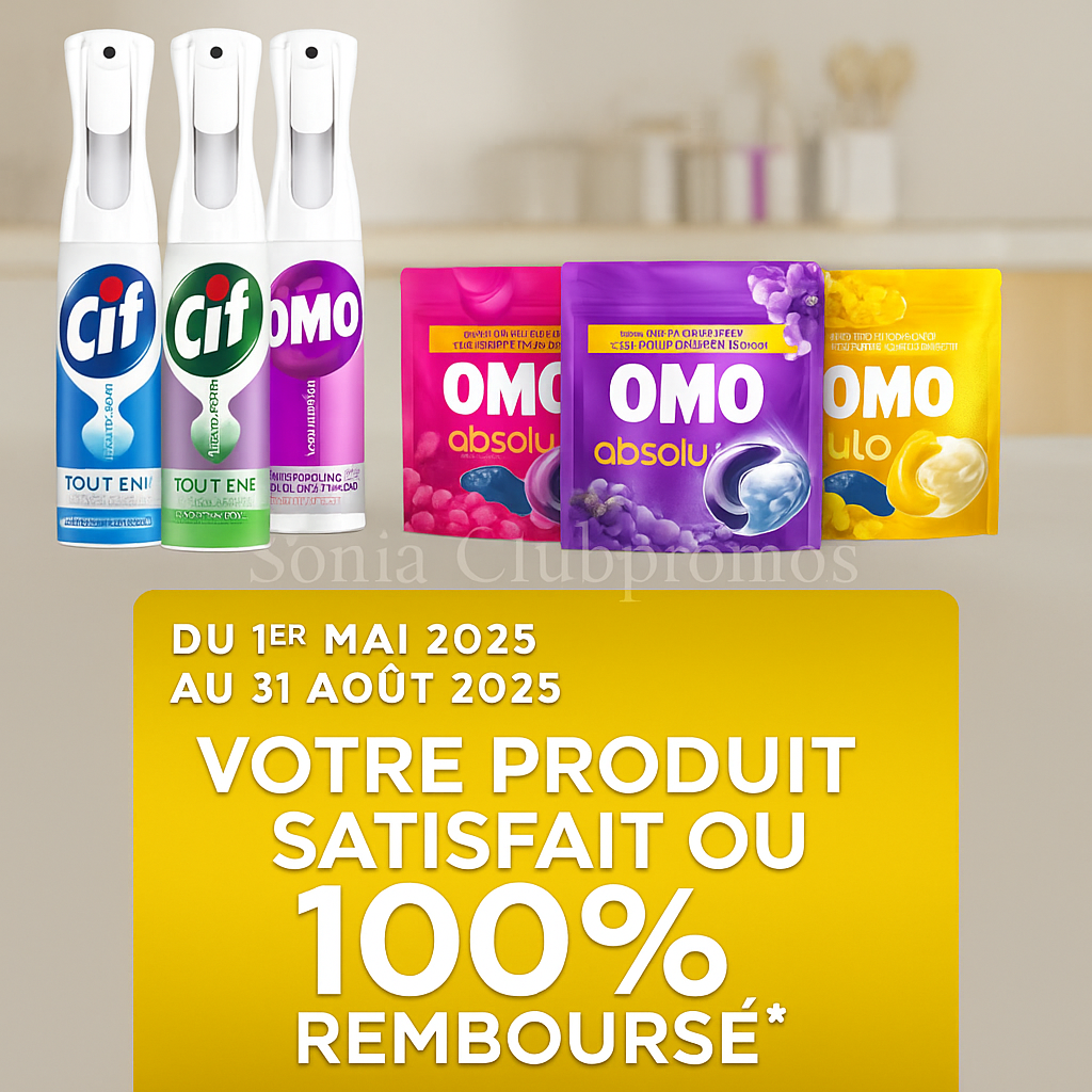 Offre satisfait ou remboursé Unilever 2025 – Testez gratuitement les capsules OMO et les sprays CIF Infinite Clean – Remboursement jusqu’à 12,99€ – Offre limitée à 35 000 participants – Modalités strictes, participation simple en ligne