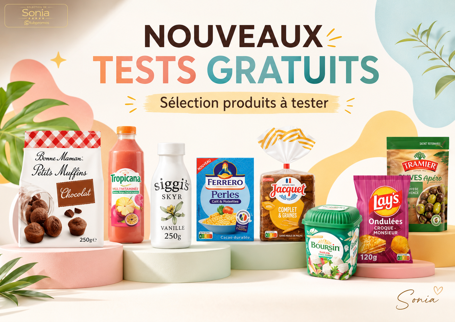 Bannière présentant les nouveaux produits gratuits à tester chez Carrefour via MonAvisLeRendGratuit avec les muffins Bonne Maman, le jus Tropicana, le skyr Siggi’s, les chips Lay’s Croque Monsieur et plusieurs autres nouveautés sélectionnées par Clubpromos.
