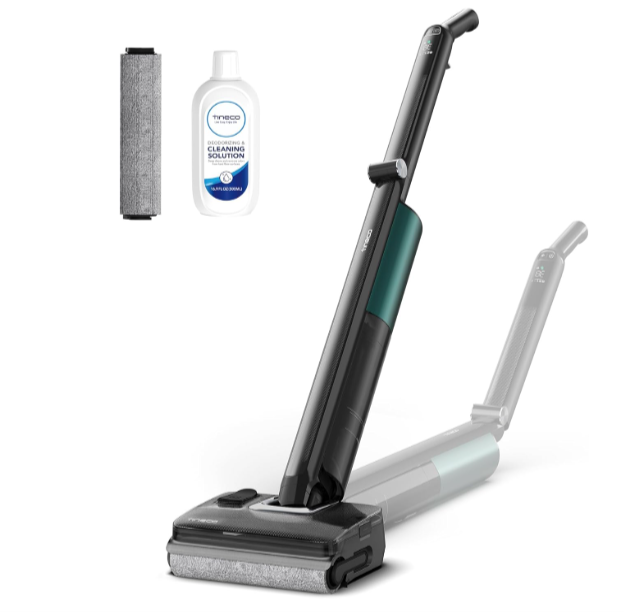 Tineco Floor One i7 Fold aspirateur laveur sans fil avec aspiration 22 kPa, technologie anti-emmêlement DualBlock, FlashDry 85°C, tube pliable 180°, autonomie 50 minutes et nettoyage des bords double face à 444,11€ sur Amazon.