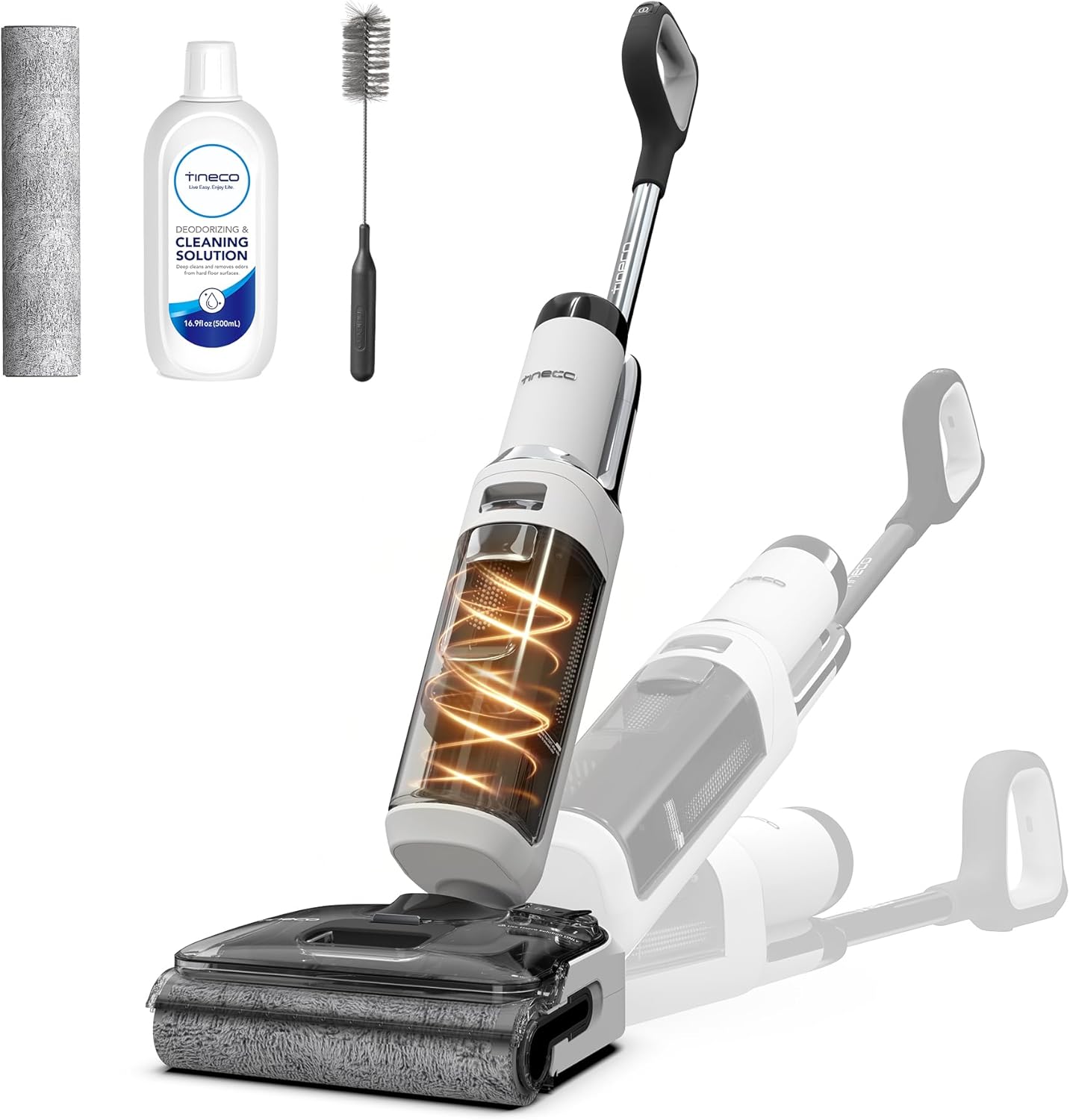 Tineco Floor One Stretch S6 en action sur sol dur, aspirant et lavant sous un canapé