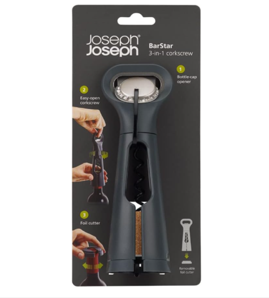 Tire-bouchon compact Joseph Joseph BarStar 3-en-1 avec coupe-capsule et décapsuleur intégré – design minimaliste gris, prix remisé sur Amazon