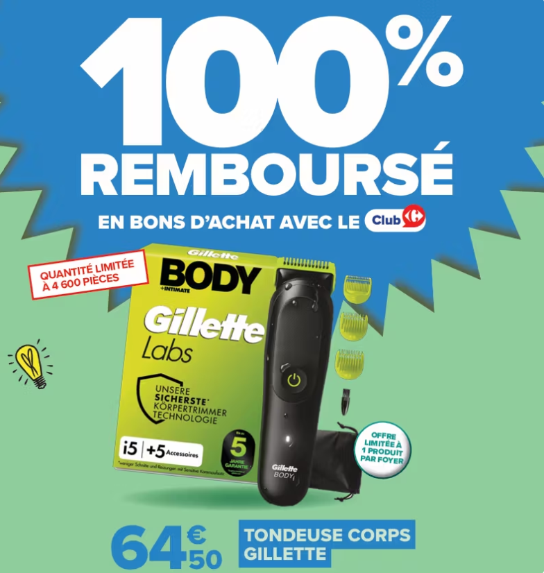 Tondeuse Gillette Body + Intimate i5 gratuite en prix de revient avec 64,50 euros récupérés en 4 bons d’achat Carrefour