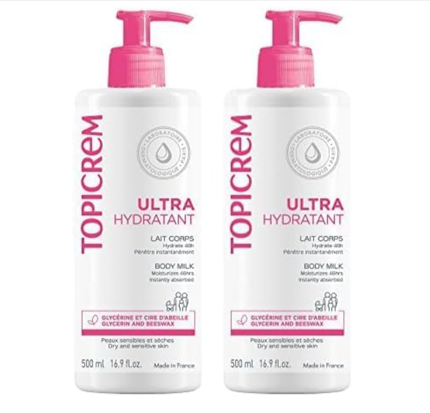 Lait corps Topicrem Ultra-Hydratant 500 ml, lot de 2, peaux sensibles, hydratation 48h, flacons pompe