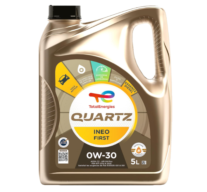  Huile moteur TotalEnergies Quartz Ineo First 0W-30, 5 litres, 100 % synthétique, norme ACEA C2 API SN Plus, homologuée PSA B71 2312, technologie Age-Resistance, compatible moteurs essence et Diesel modernes.