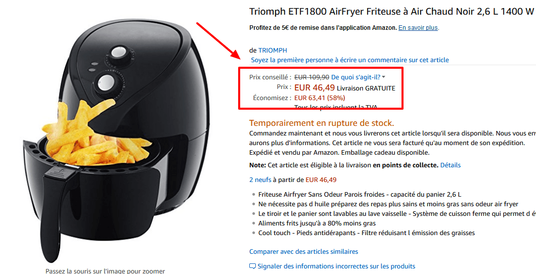 Triomph ETF1800 AirFryer Friteuse à Air Chaud Noir 2 6 L 1400 W  Amazon.fr  Cuisine   Maison.png