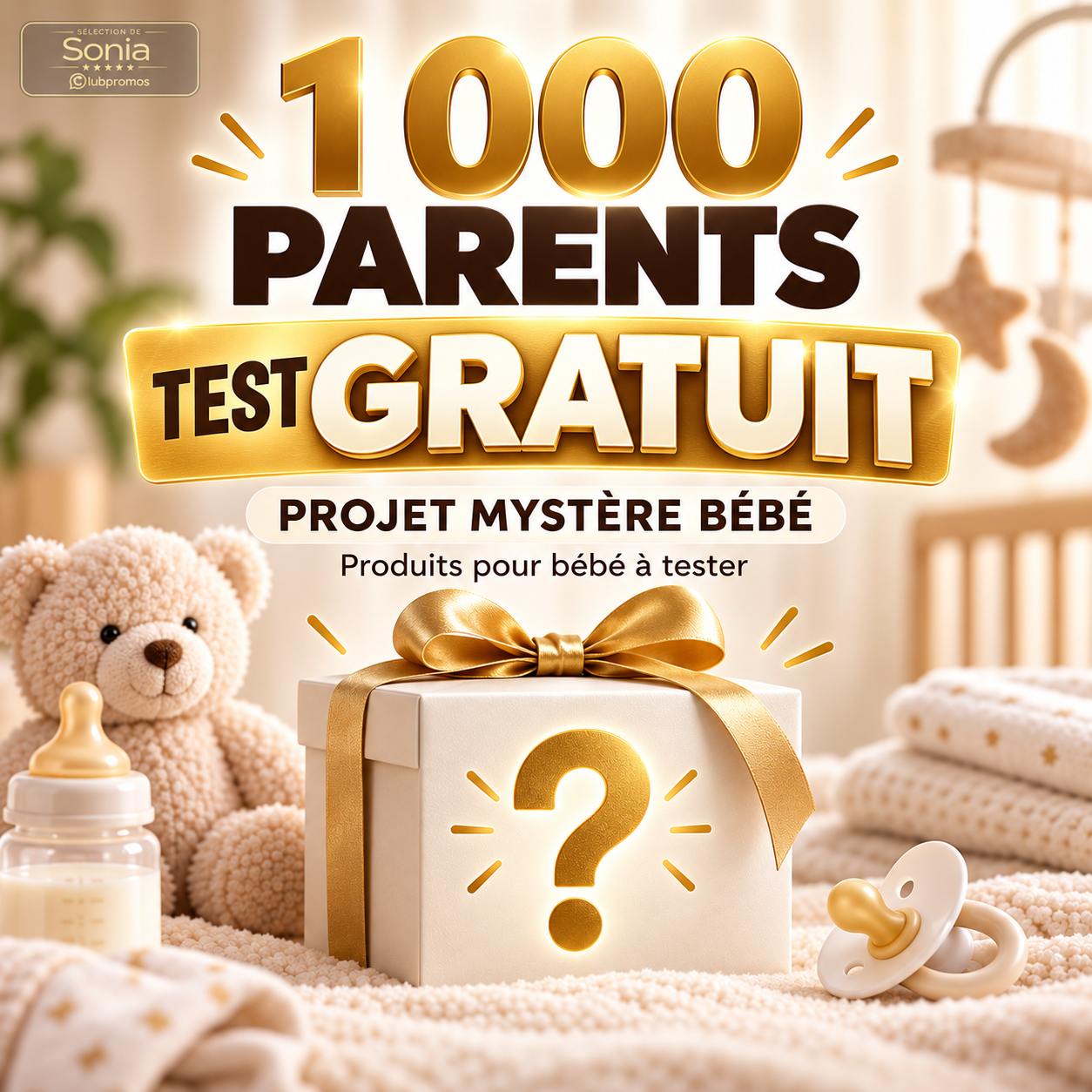 Bannière du projet mystère bébé TRND avec 1 000 parents recherchés pour tester gratuitement des produits