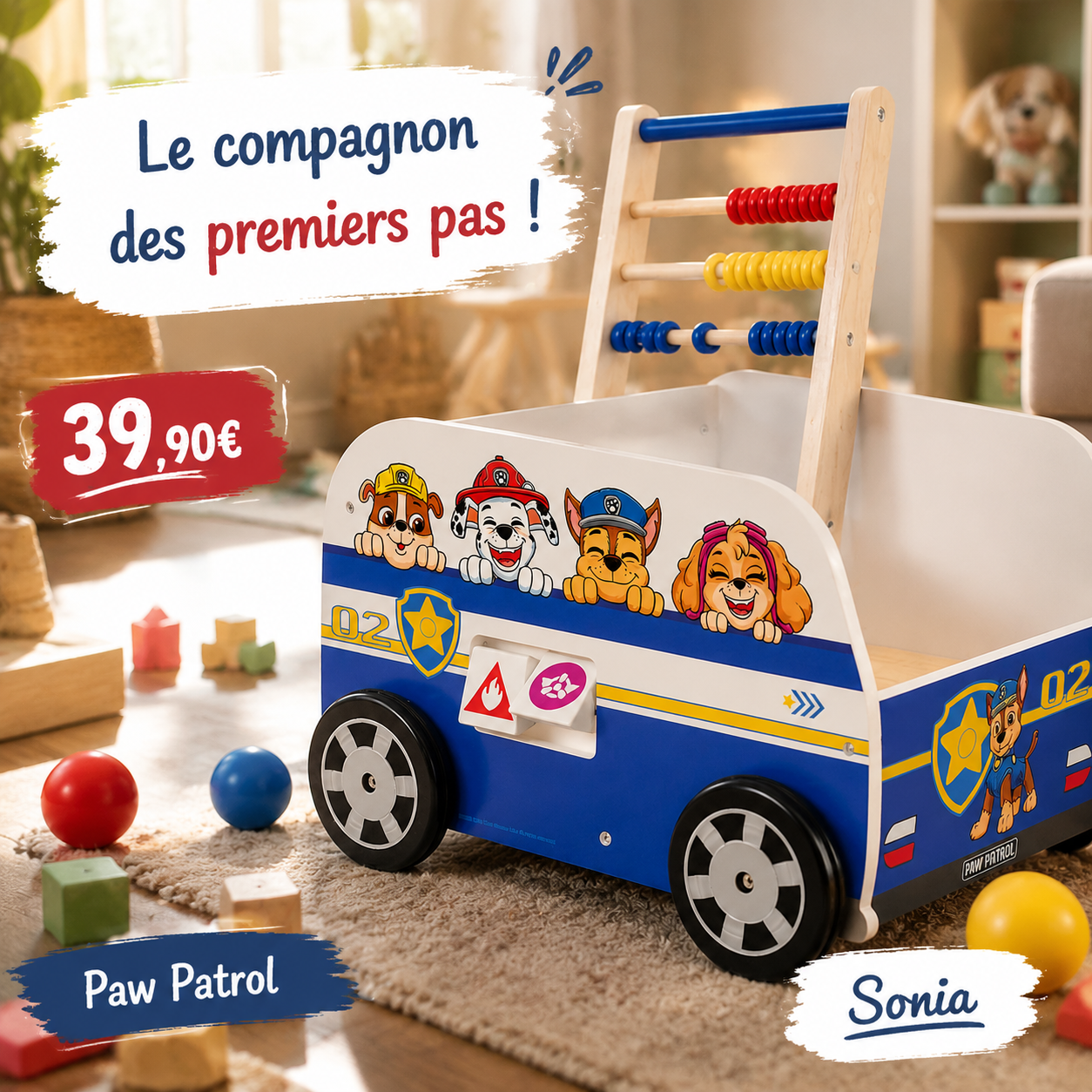 Trotteur bébé en bois roba Paw Patrol avec activités d’éveil, boulier et horloge, chariot de marche stable dès 12 mois, aide à la motricité et premiers pas, promotion Amazon à 39,90€ au lieu de 88,38€