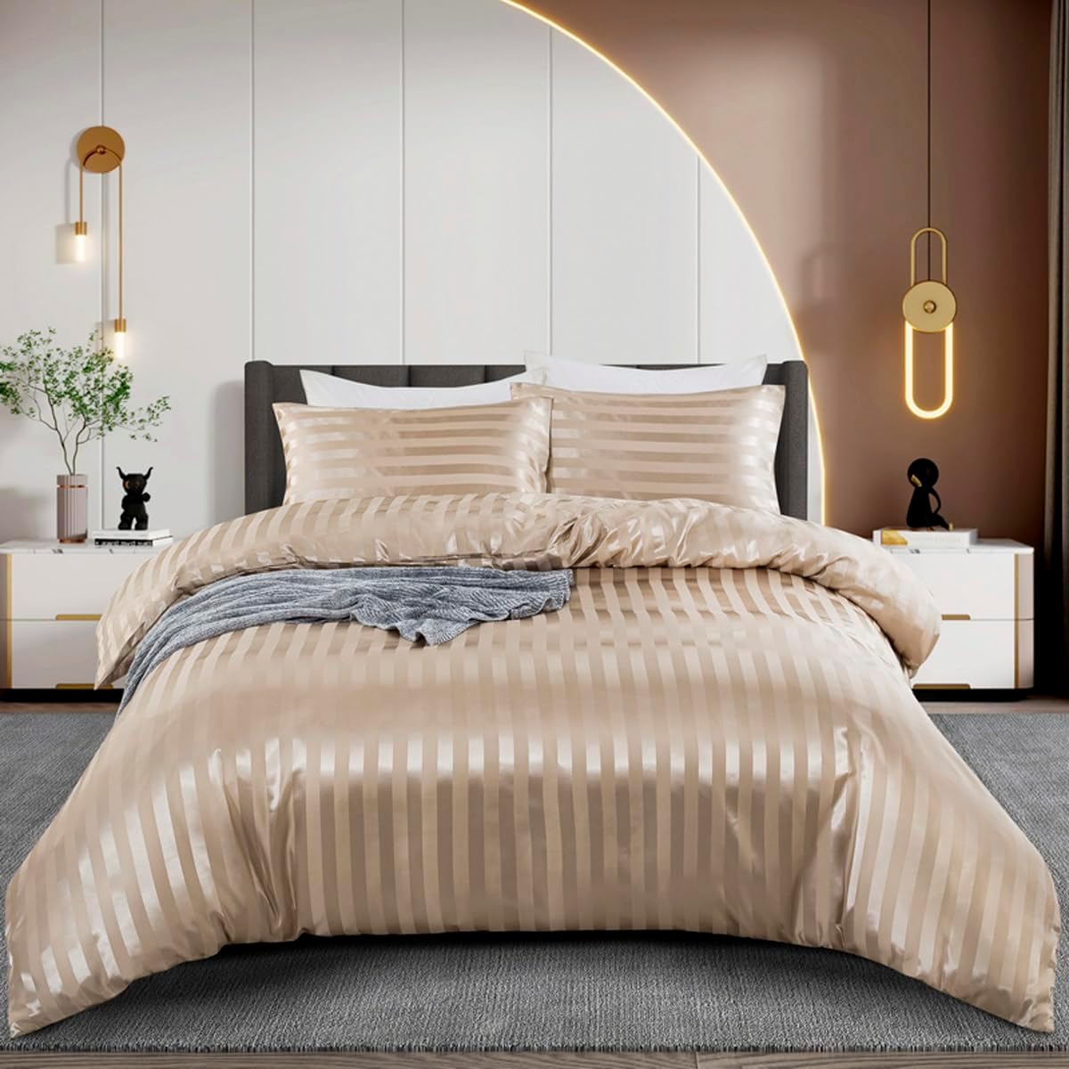 Parure TT Global satin rayé 220×240, 3 pièces (housse + 2 taies 65×65), style hôtel, toucher soyeux, coloris beige/bleu, entretien facile
