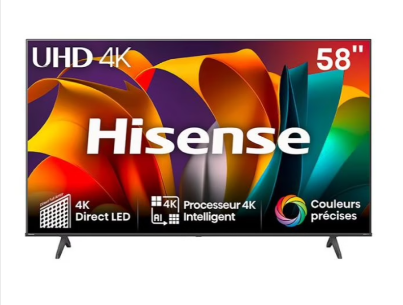 TV LED Hisense 58A6N 4K UHD Smart TV 58 pouces avec HDMI 2.1 et connectivité Bluetooth, idéale pour les films et les jeux.