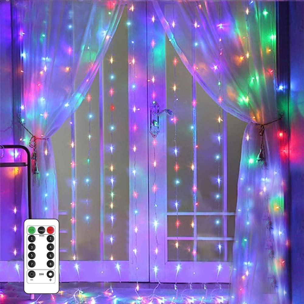  Guirlande lumineuse rideau de 3x3m avec 300 LEDs, 8 modes d'éclairage, télécommande et minuterie, décoration de fenêtre, Noël et mariage
