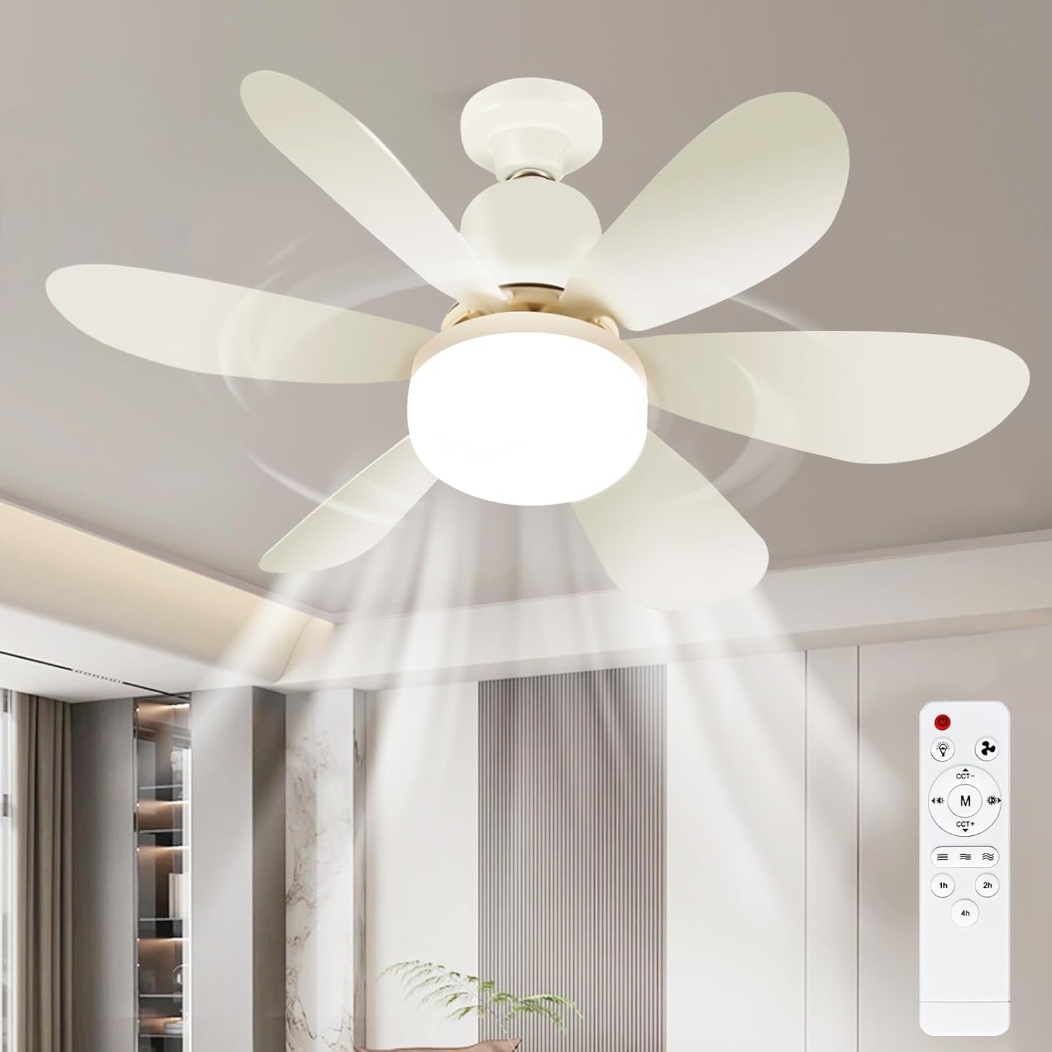 Ventilateur de plafond Ulikey avec lumière LED dimmable, télécommande, 6 pales, 3 vitesses et 3 températures de couleur, silencieux, idéal pour salon, chambre ou bureau.