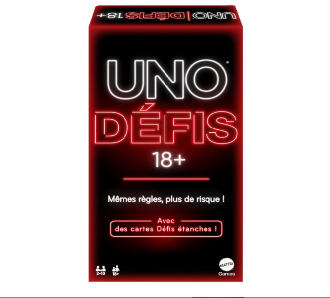  Jeu UNO DÉFIS réservé aux adultes, version waterproof avec défis et dé, en promo sur Amazon