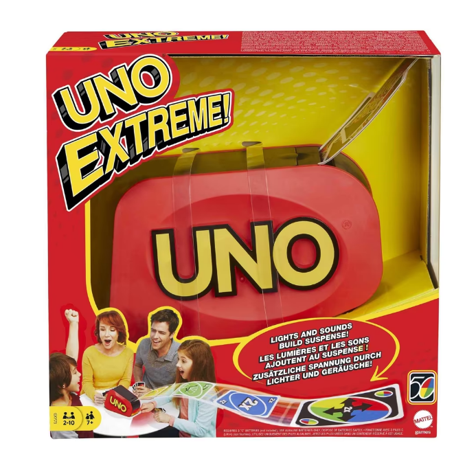  Jeu de cartes UNO® Extreme de Mattel avec distributeur lumineux et sonore – 112 cartes – suspense renforcé – dès 7 ans – 21,99€ sur Amazon.