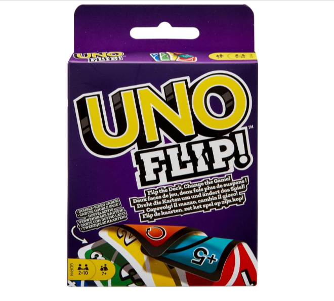 Jeu UNO Flip avec cartes recto-verso, pour adultes et enfants dès 7 ans.