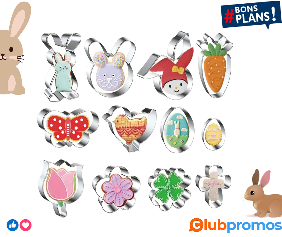 UONNER Lot de 12 emporte-pièces de Pâques en forme de lapin - Tête de lapin, carotte, poussin,...png