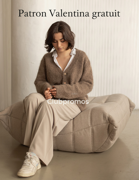  Patron gratuit Valentina Cardigan sur Ravelry : gilet top-down classique en DK ou fingering + mohair, tailles 1–9, échantillon 21 m x 31 r.