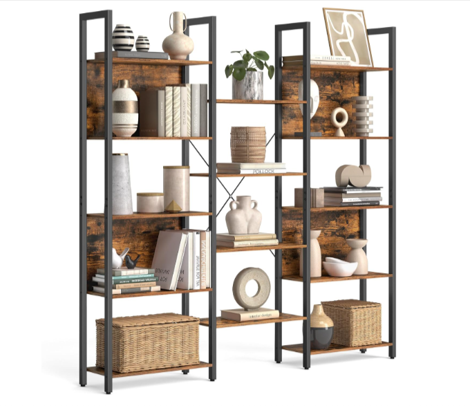Bibliothèque VASAGLE industrielle, 14 étagères en métal noir et bois marron rustique, 24×158×166 cm, barres en X, pieds réglables, kit anti-basculement, 10 kg par tablette, idéale salon/bureau.