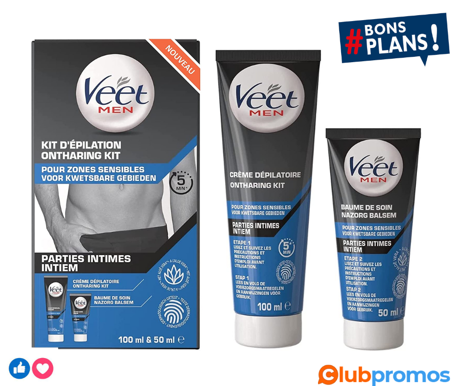 Veet Men - Kit d’Épilation Parties Intimes - Crème Dépilatoire 100ml et Baume de Soin 50ml - Z...png