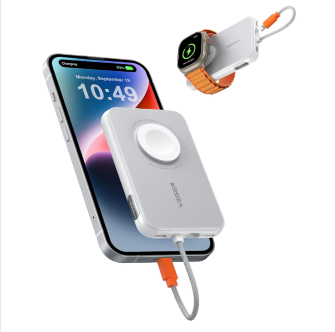 Batterie externe VEGER 5000 mAh avec câble Apple intégré et recharge Apple Watch – Mini Power Bank 20W pour iPhone et USB-C – Affichage LED – Violet