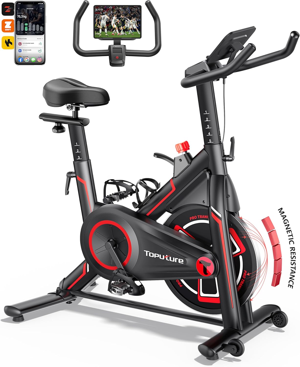Vélo d’appartement connecté TOPUTURE avec 100 niveaux de résistance magnétique, écran LCD, compatibilité Zwift et Z-Sport, pour utilisateurs jusqu’à 150 kg – parfait pour un entraînement silencieux à domicile