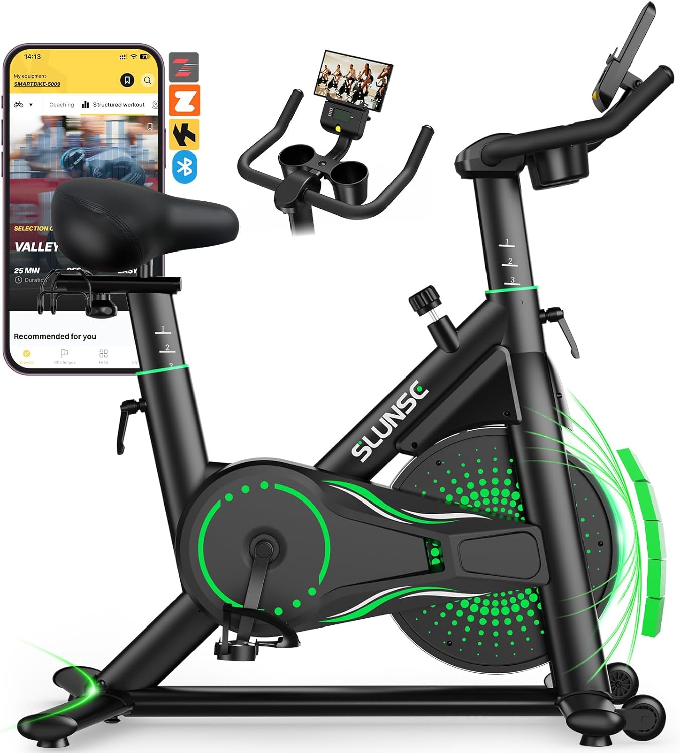  Vélo SLUNSE connecté pour usage intensif, roue inertie 18,88 kg, Bluetooth Zwift & Kinomap, structure acier – bon plan Amazon