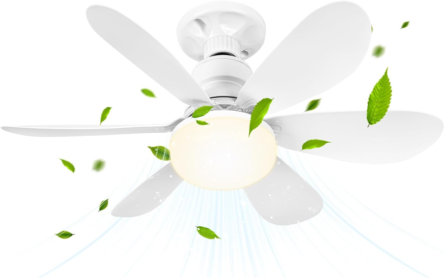 Ventilateur de plafond BuzzoXerex LED 52 cm avec lumière intégrée, télécommande, 3 vitesses, minuterie 1H/2H/4H, éclairage dimmable 3000K/4000K/6500K, moteur silencieux 6 pales, douille E27 universelle – blanc compact pour chambre, cuisine ou buanderie