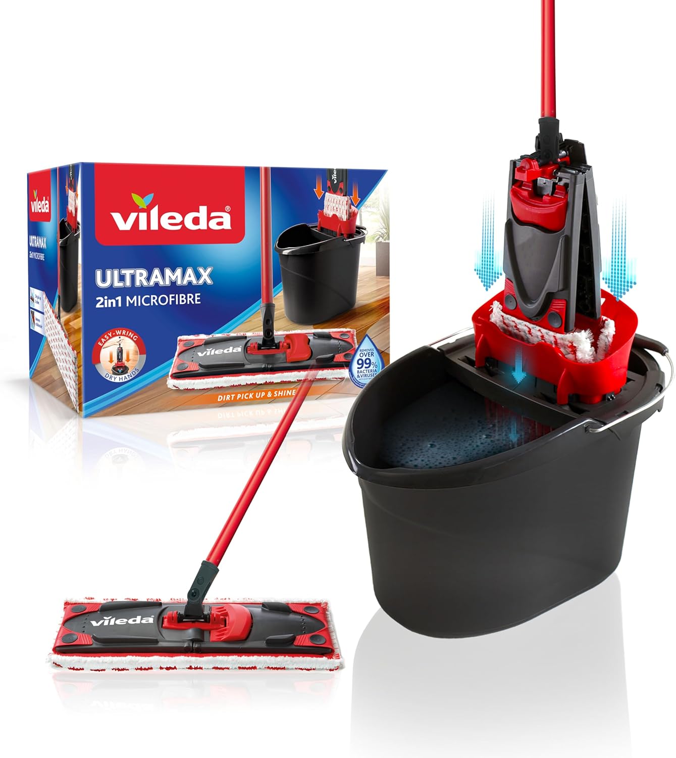  Vileda Ultramax Kit Complet avec balai à plat, housse en microfibres lavable, seau et essoreur asymétrique – Retire 99 % des bactéries à l’eau – promo Amazon