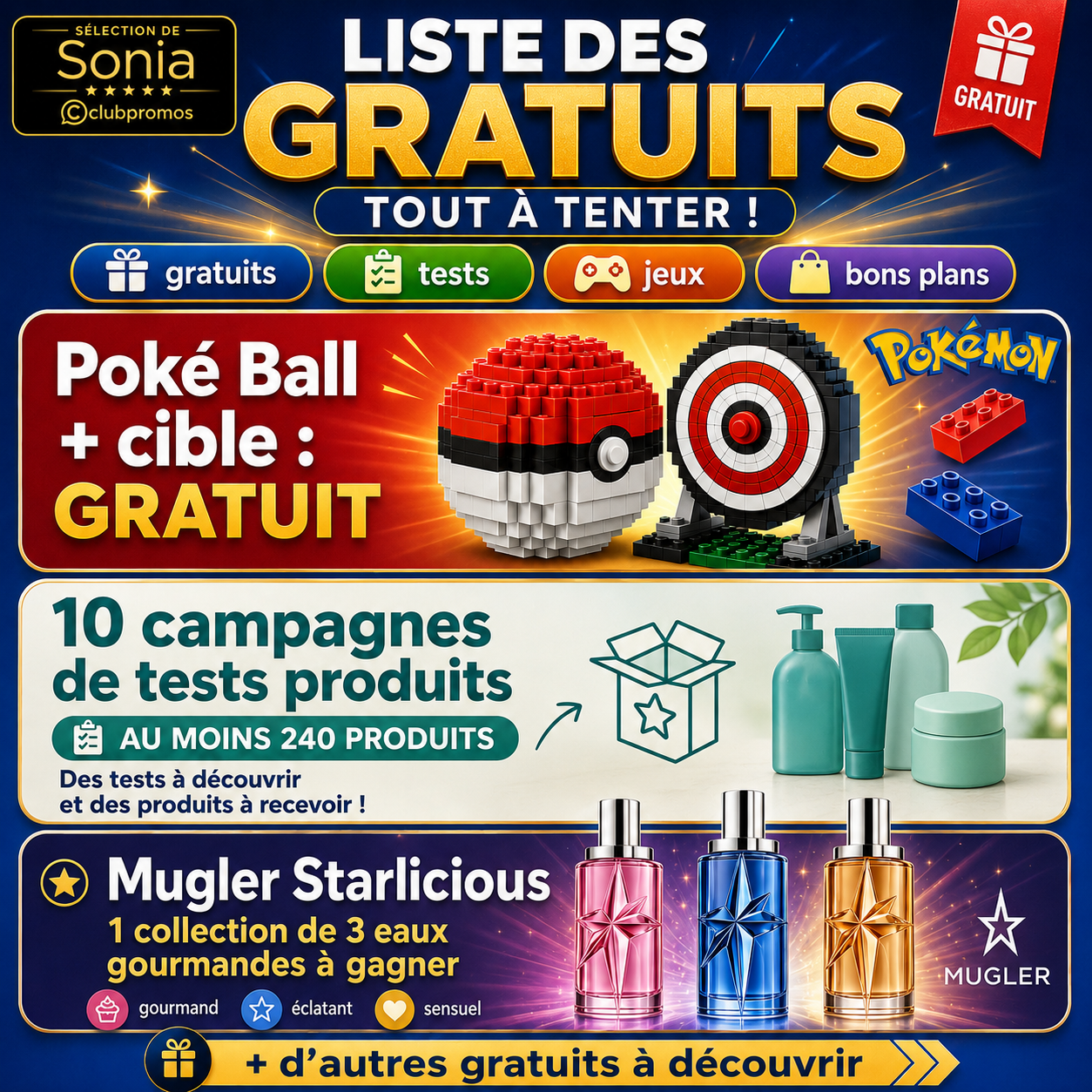 Visuel liste des gratuits du mardi 1er septembre 2026 avec tests produits, animation LEGO Pokémon, Poké Ball à créer et jeu Mugler Starlicious