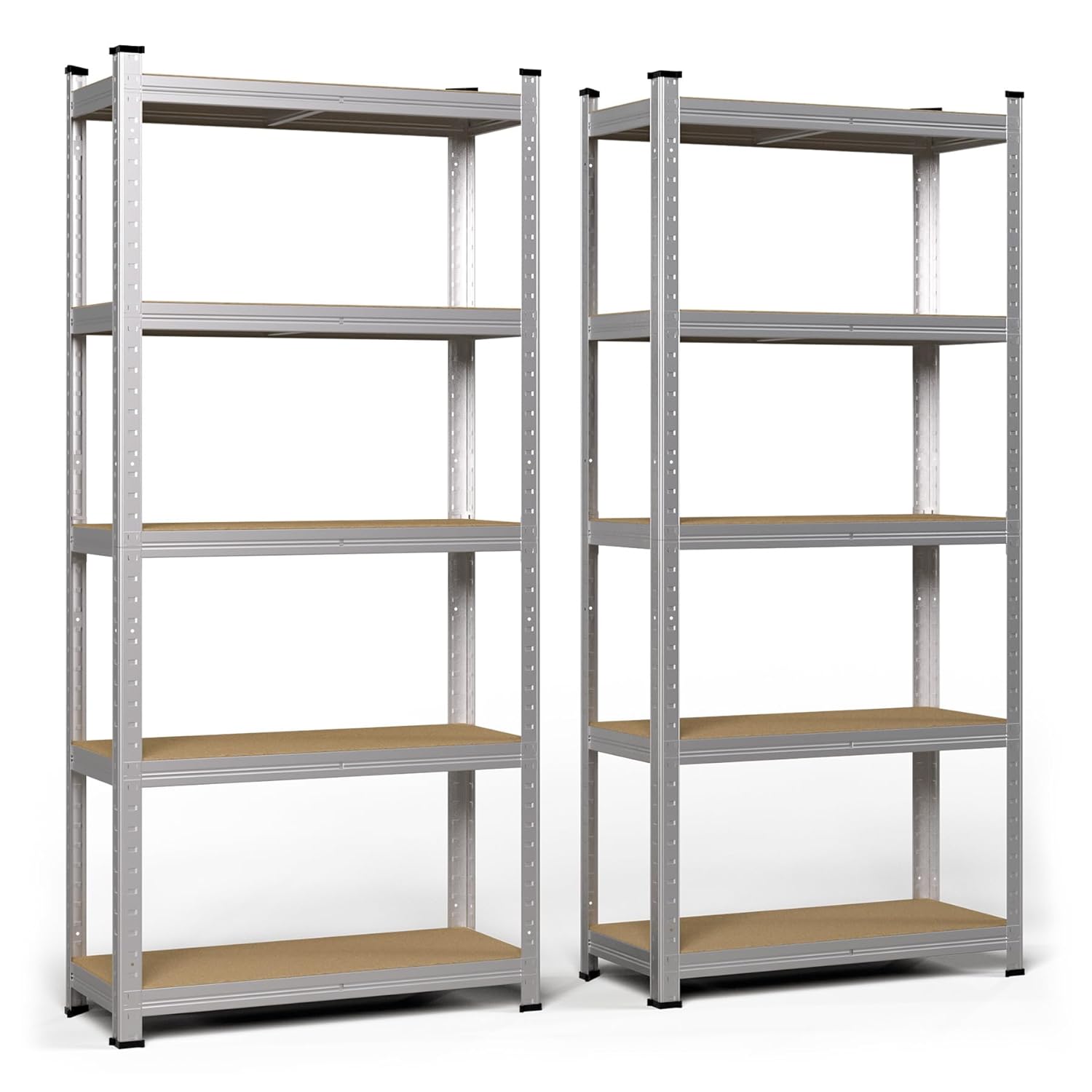 Bon plan — VOUNOT lot de 2 étagères métal 70×30×150 cm, 5 niveaux, 175 kg par tablette, montage sans vis, pieds antidérapants, hauteur réglable pour garage/atelier.