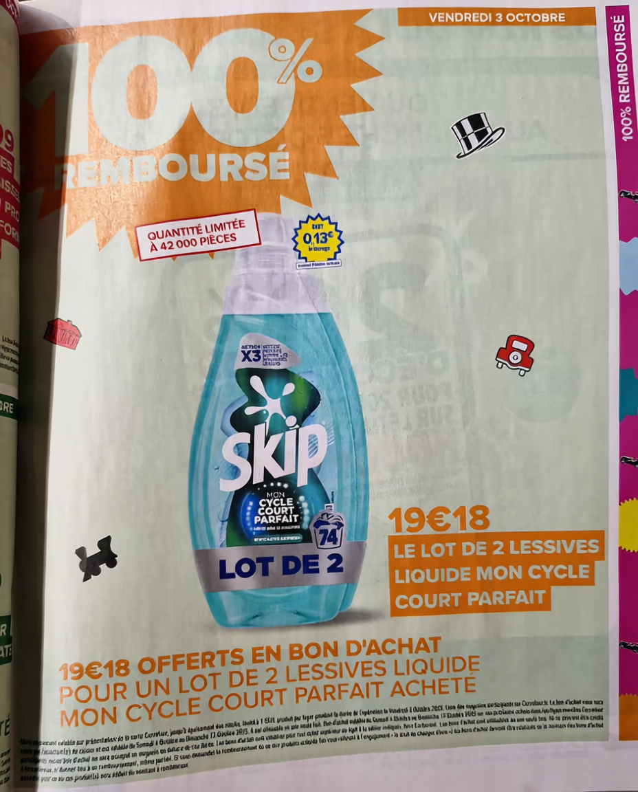 Lot de 2 lessives SKIP 2×74 lavages 100% remboursé en bon d’achat le vendredi 3 octobre chez Carrefour (Hyper et Drive), bon valable du 4 au 12 octobre, offre limitée à 1 produit, vu sur le catalogue