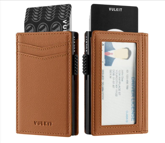 Porte-cartes VULKIT RFID cuir Nappa marron aluminium minimaliste avec mécanisme pop-up et fermeture magnétique, protection anti-scan NFC RFID, 9,99€ au lieu de 33,99€ sur Amazon.