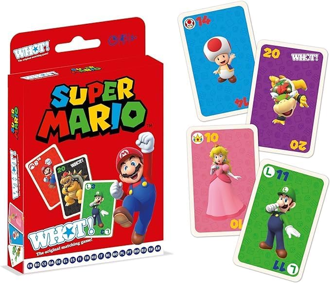 Jeu de cartes Winning Moves WHOT! Super Mario – 53 cartes + carnet de score, parties rapides 15 min, 2 à 6 joueurs, dès 6 ans, univers Nintendo Mario Luigi Peach Yoshi Bowser