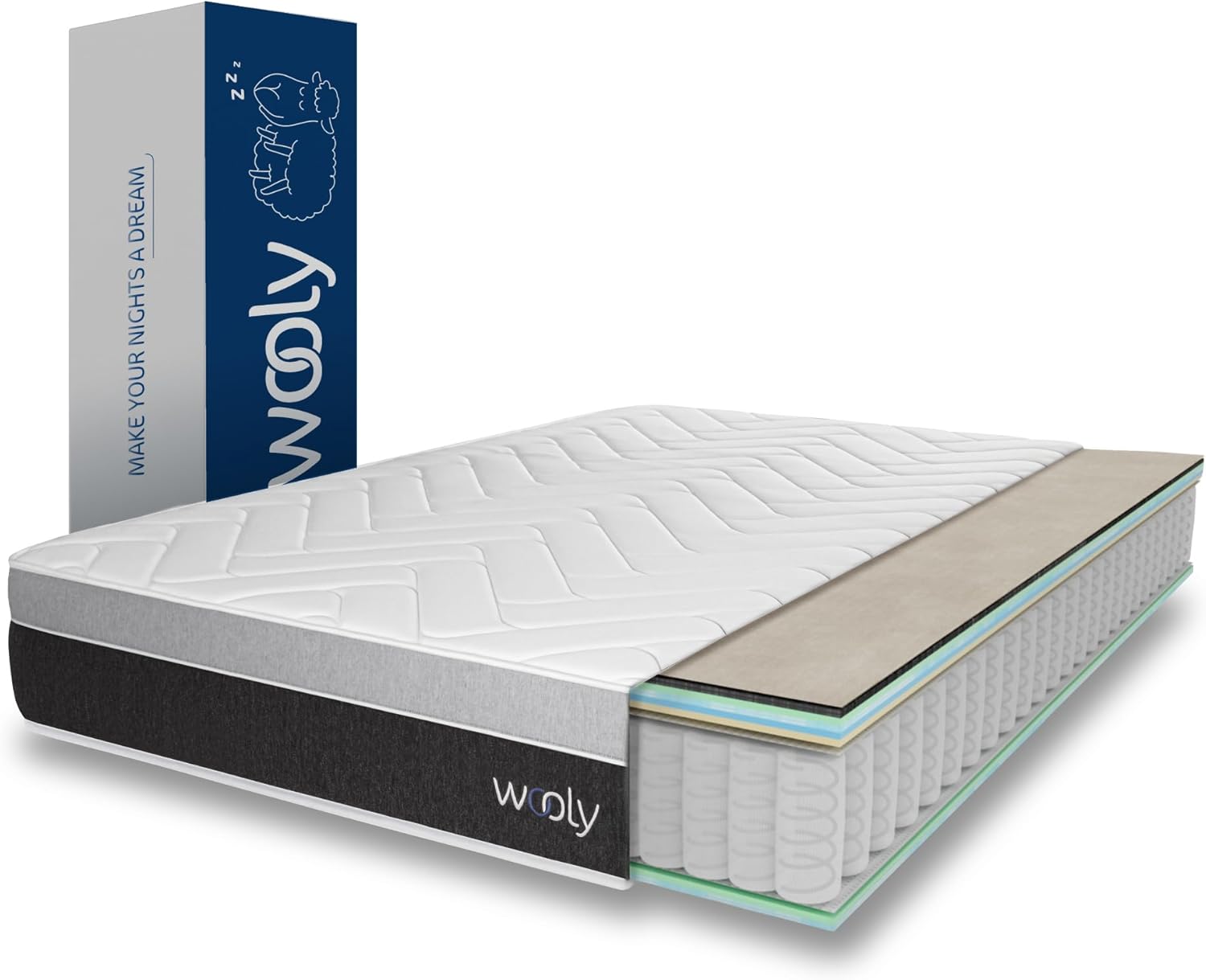 Matelas Wooly Level II 160x200, 30 cm d’épaisseur, hybride avec ressorts ensachés, gel actif, laine naturelle et mousse à mémoire, confort mi-ferme