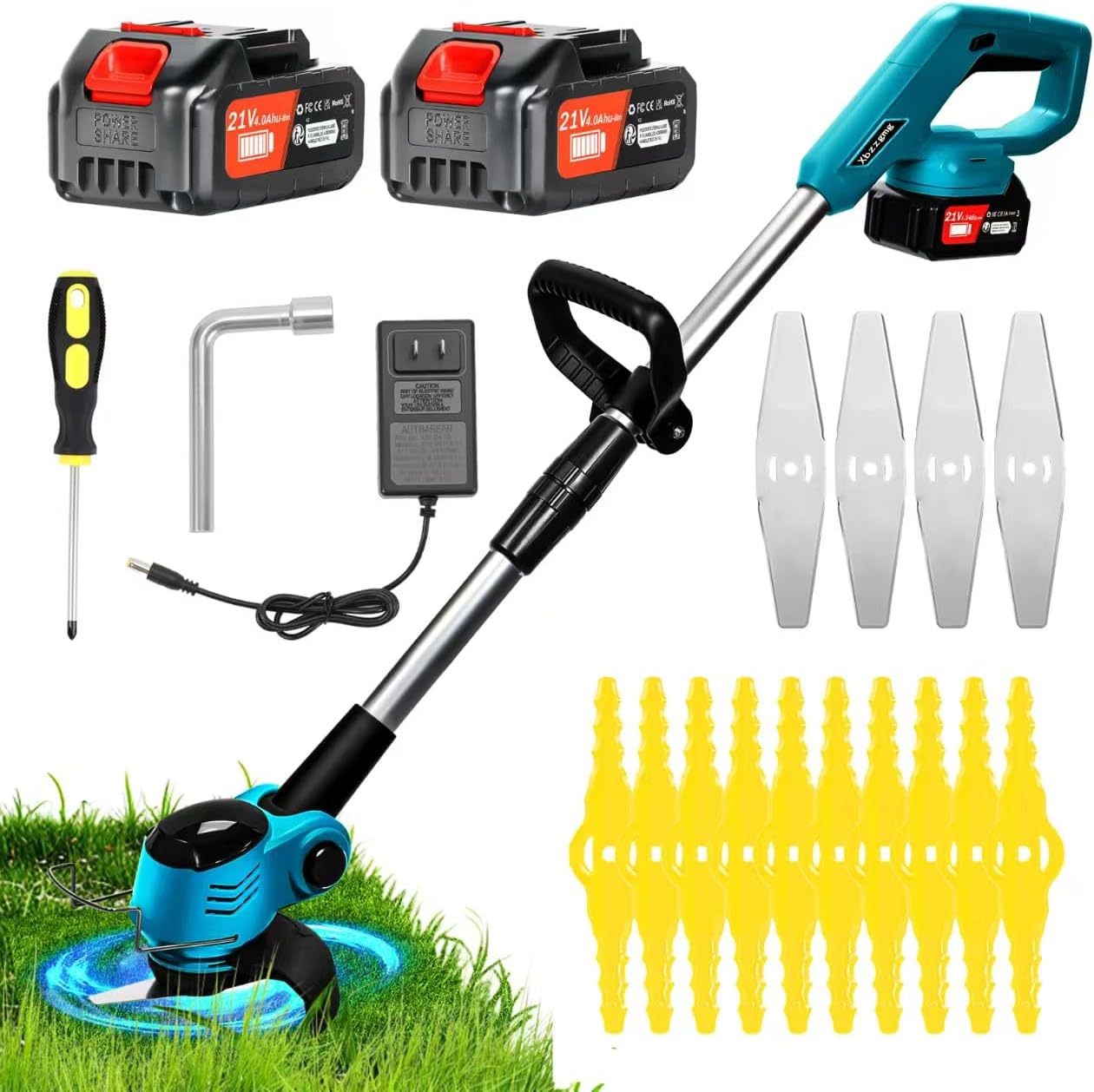 Débroussailleuse électrique sans fil Xbzzgmg 21V avec 2 batteries 4,0 Ah, moteur 850 W, lames métalliques et plastiques, tête inclinable et carter de protection