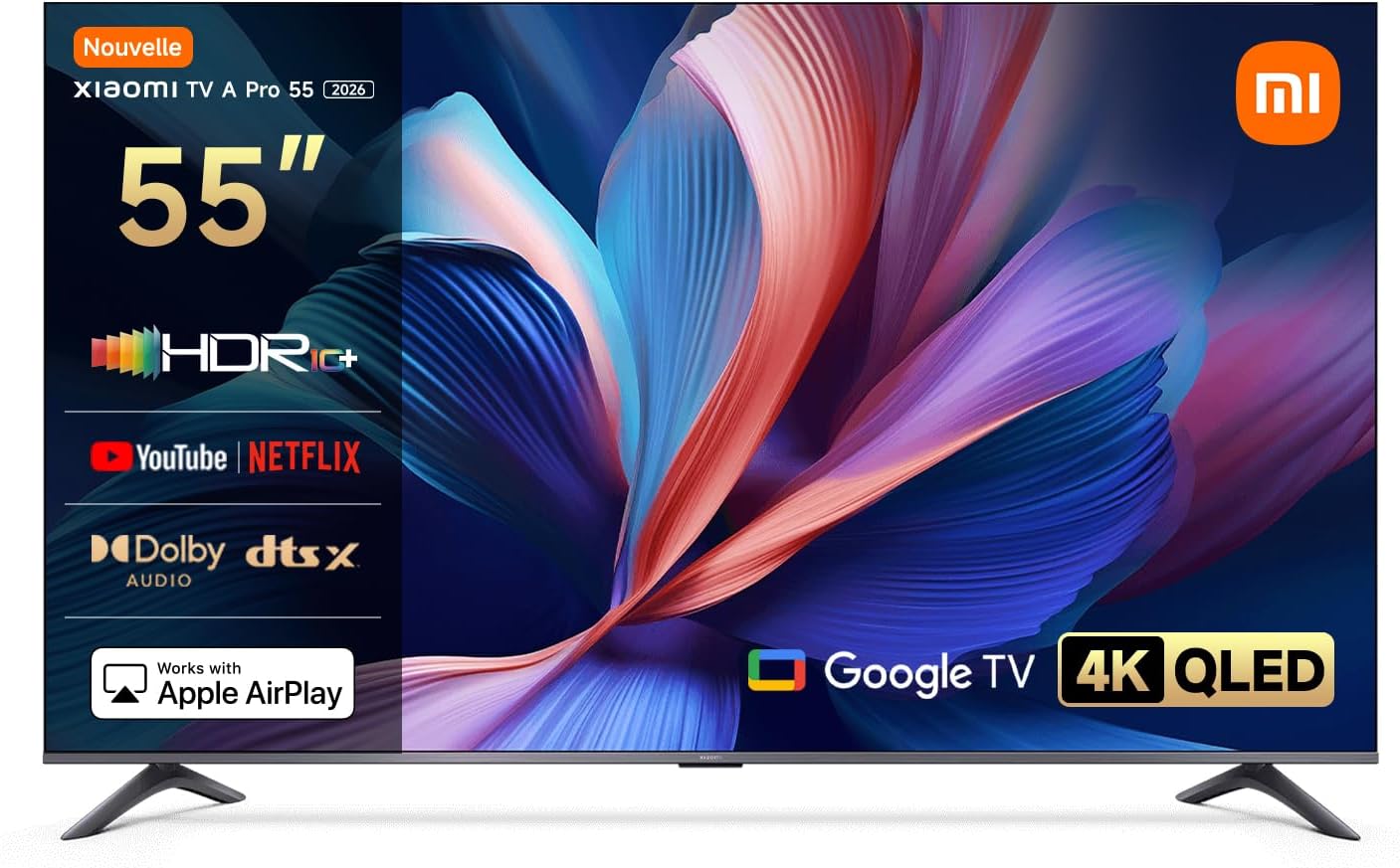 XIAOMI TV A Pro 55 pouces 140 cm QLED 4K UHD avec Google TV, HDR10+, contrôle vocal Google Assistant, MEMC, Mode Game Boost 120 Hz, AirPlay, Google Cast, 2 Go RAM et 8 Go de stockage à 76,24€ sur Amazon au lieu de 429€.
