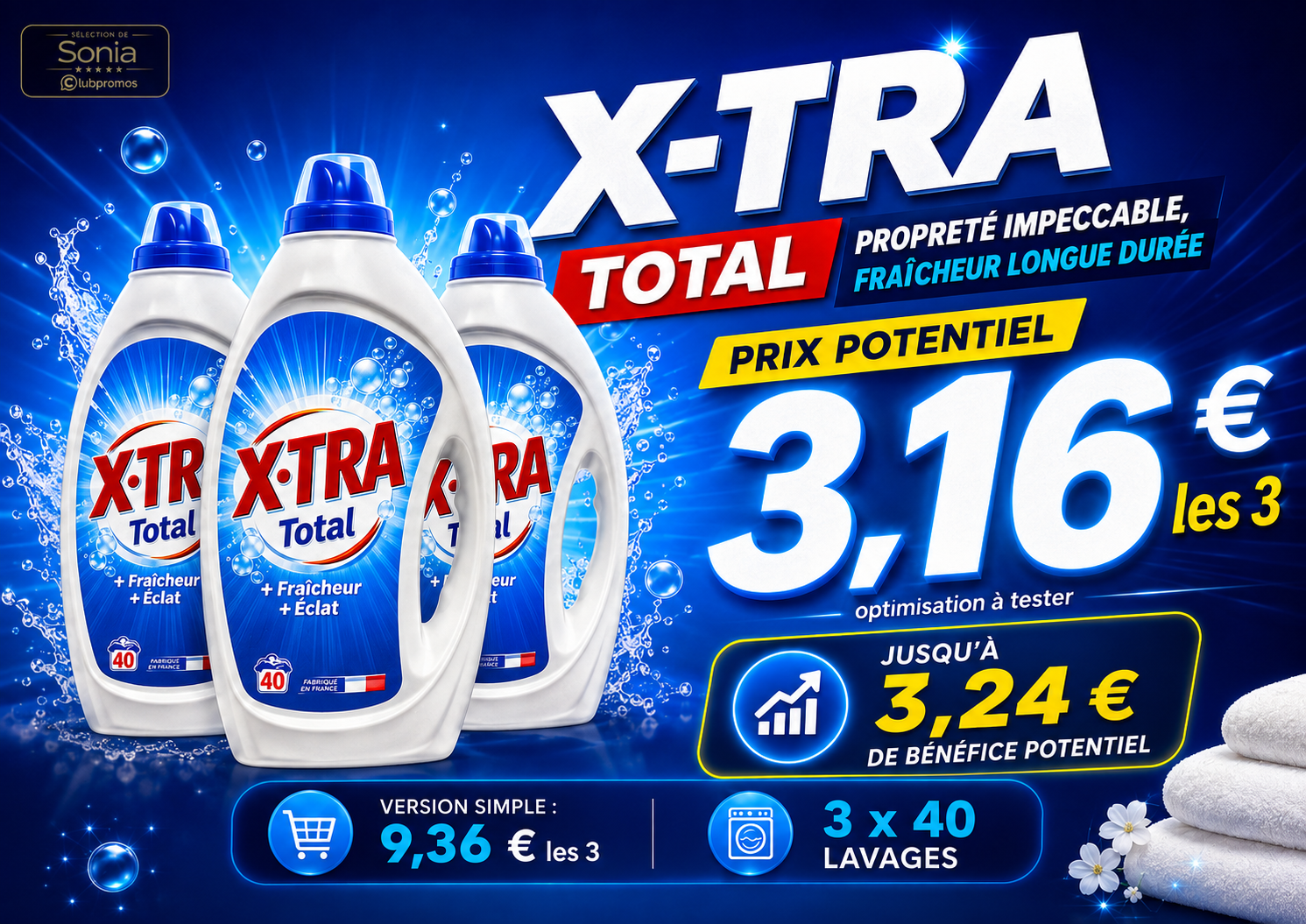 Bannière du bon plan X-TRA Total chez Auchan avec trois lessives à 3,16 € potentiels