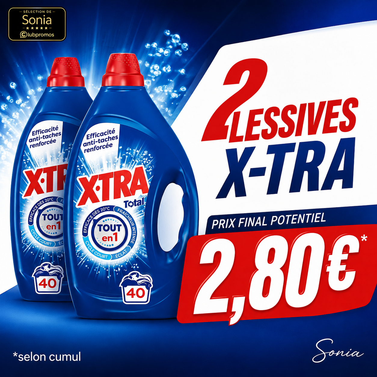 Deux lessives X-TRA Total 40 lavages chez Intermarché dès 2,80 euros potentiels avec promotion et réductions