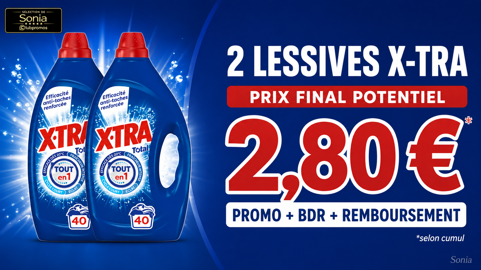 Deux bidons X-TRA Total 40 lavages potentiellement à 2,80 euros après optimisation chez Intermarché