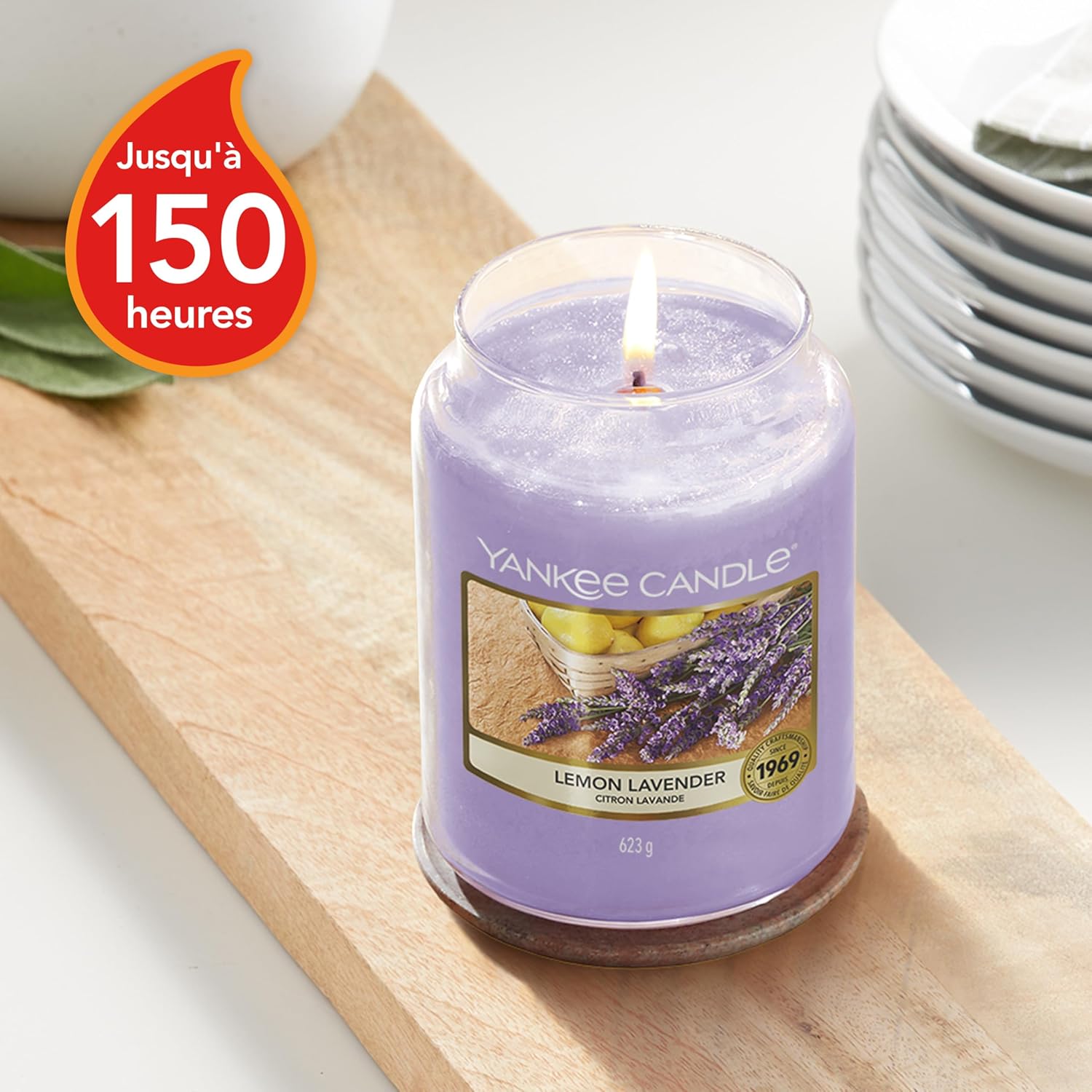 Yankee Candle Citron Lavande grande jarre 623 g — 110 à 150 h — mèche coton — pot en verre avec couvercle — offre Amazon 21,59