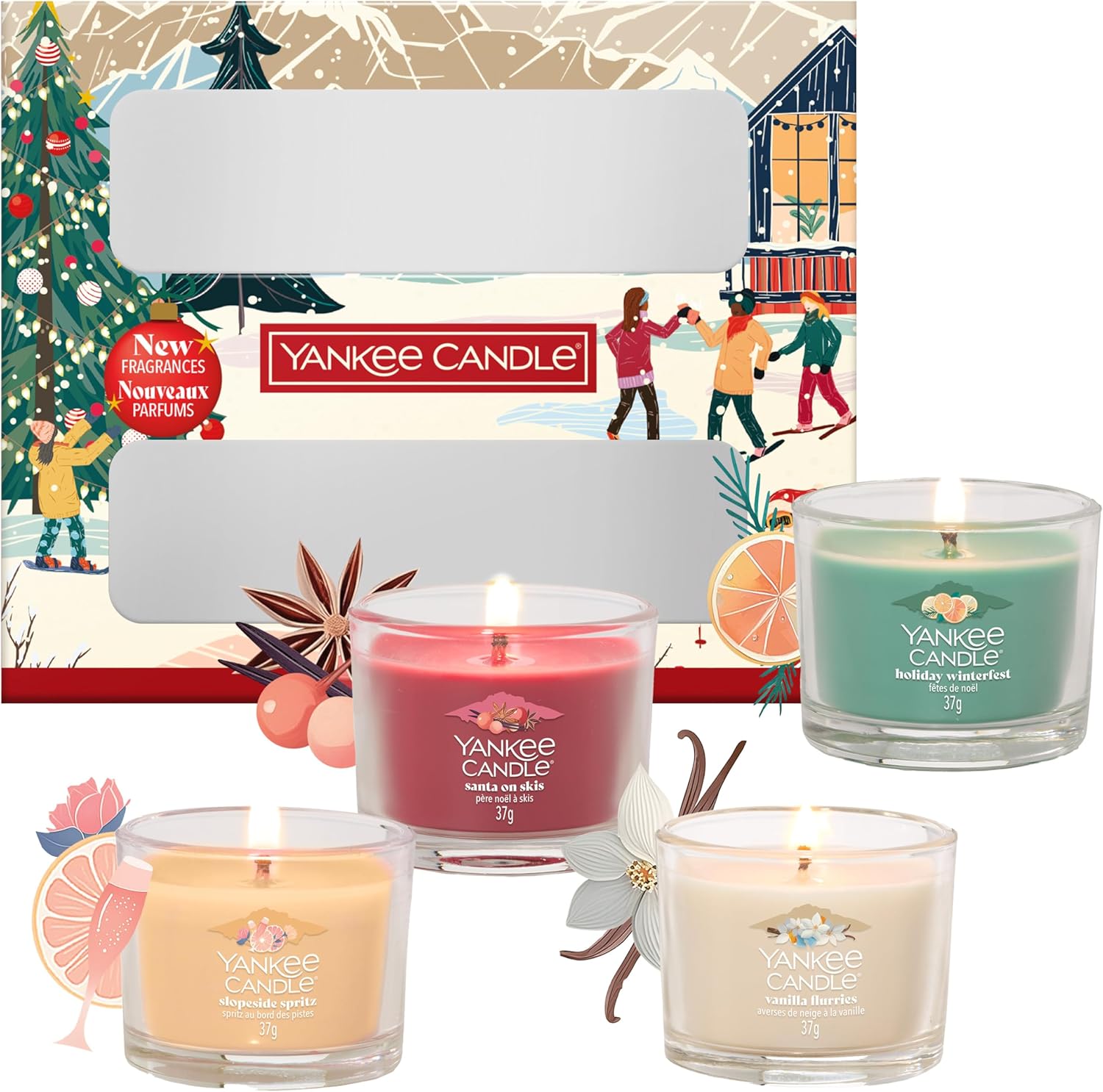 Coffret Yankee Candle de Noël – 4 mini bougies parfumées Holiday Winterfest, Santa on Skis, Vanilla Flurries, Slopeside Spritz – cire de soja, édition Signature – cadeau de fêtes