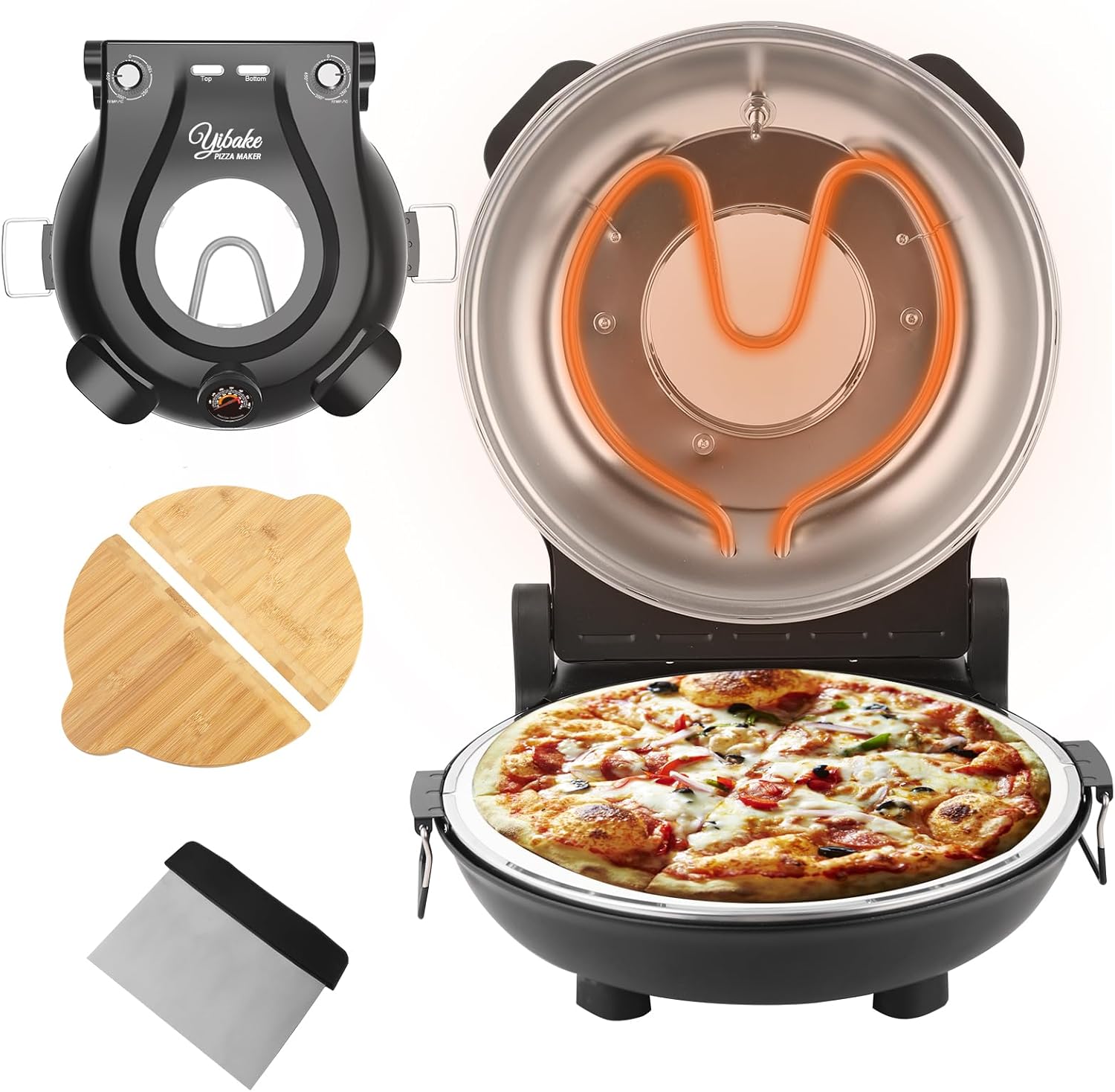  Four pizza électrique YIBAKE, avec pierre en céramique de 31 cm, température maximale 420°C et accessoires inclus.