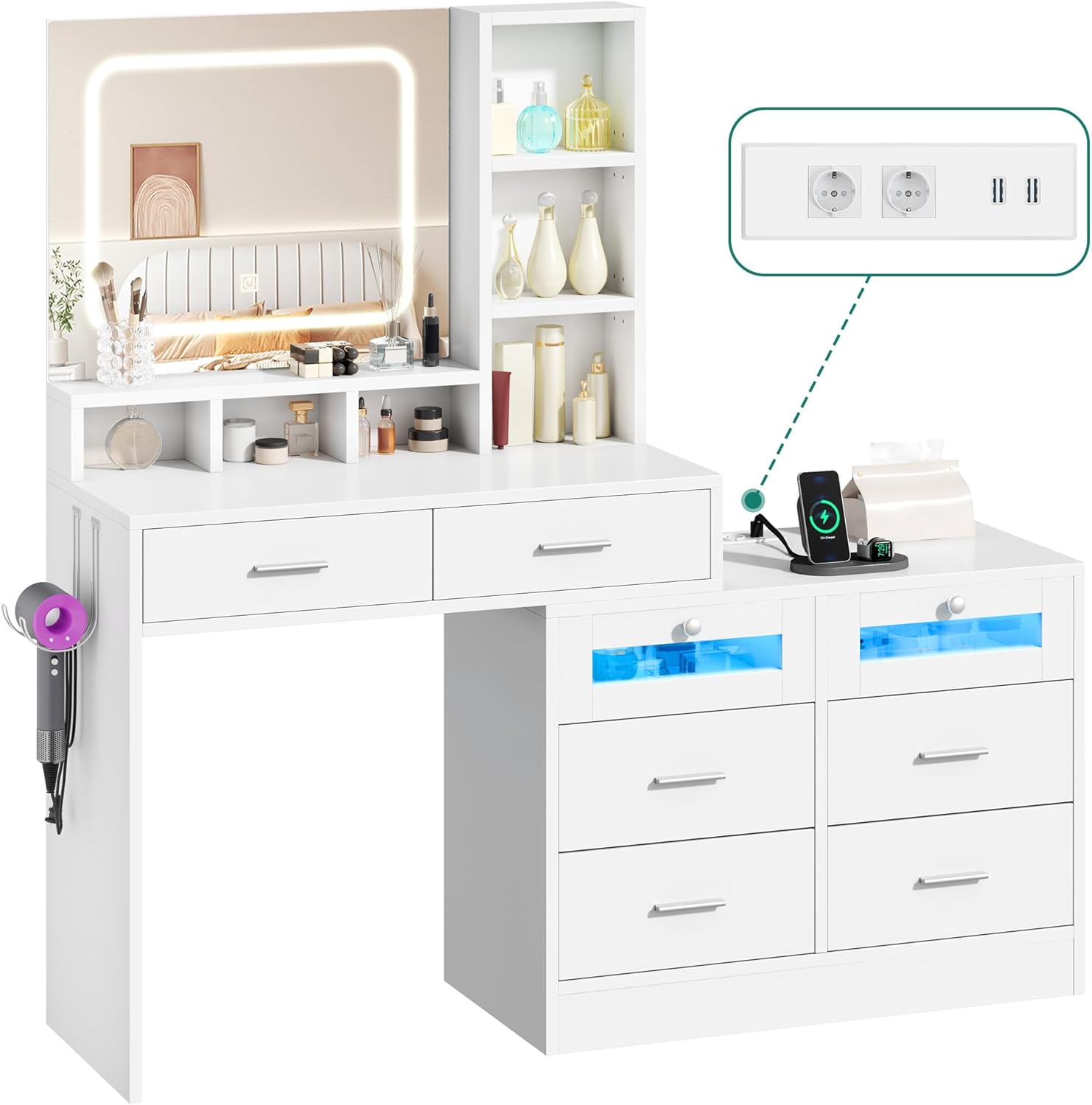  Coiffeuse moderne YITAHOME avec miroir LED, 3 modes de couleur, luminosité réglable, espace de rangement avec 6 tiroirs, prises secteur et USB, design flexible, éclairage RGB.