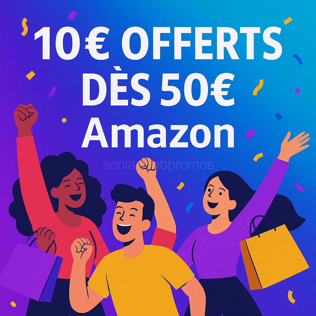 Visuel carré promo : “10€ offerts dès 50€ Amazon”, silhouettes style DA, couleurs neutres sans jaune, filigrane discret “sonia clubpromos” au centre, sans logo.