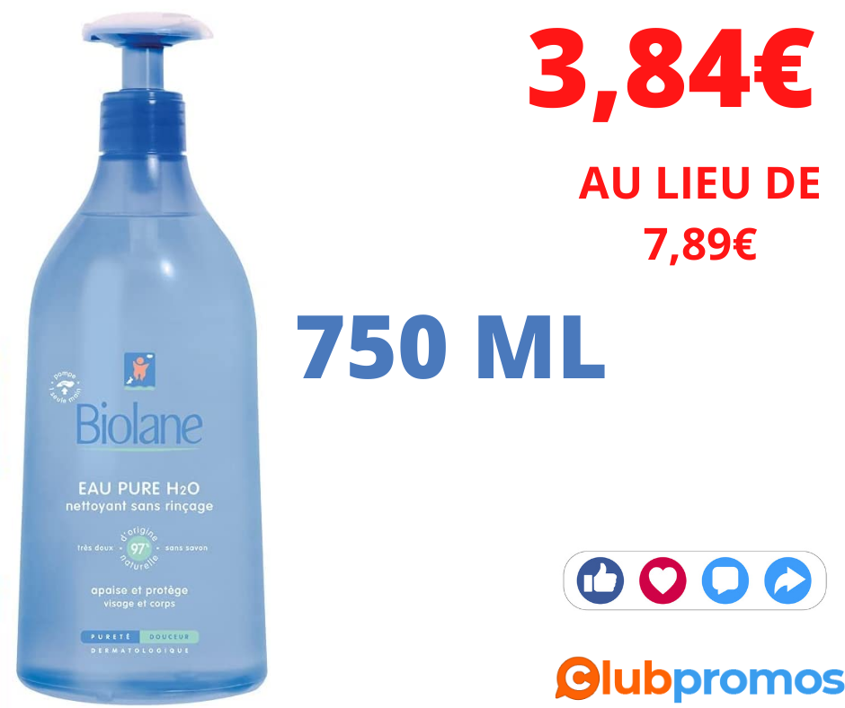 deal - BIOLANE - Eau Pure H2O - Nettoyant pour le visage, corps et siège du  bébé - Sans rinçage -750ml 3,84€ au lieu de 7,89€ sur