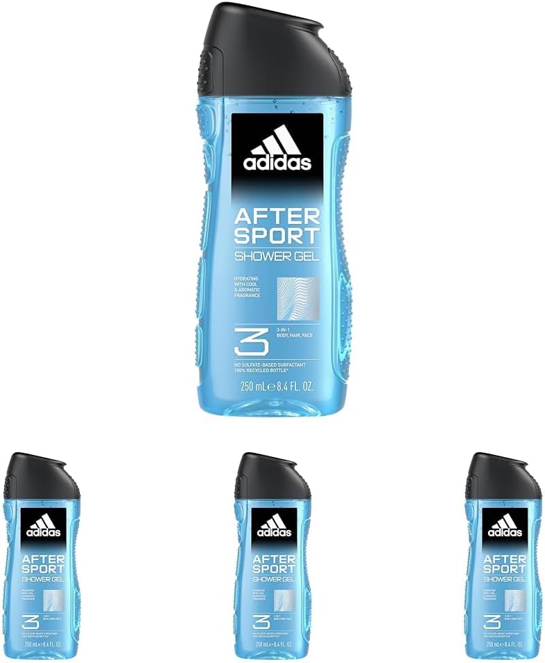  Lot 4 gels douche Adidas After Sport 250ml pour homme – fraîcheur après le sport, usage 3-en-1, bon plan Amazon