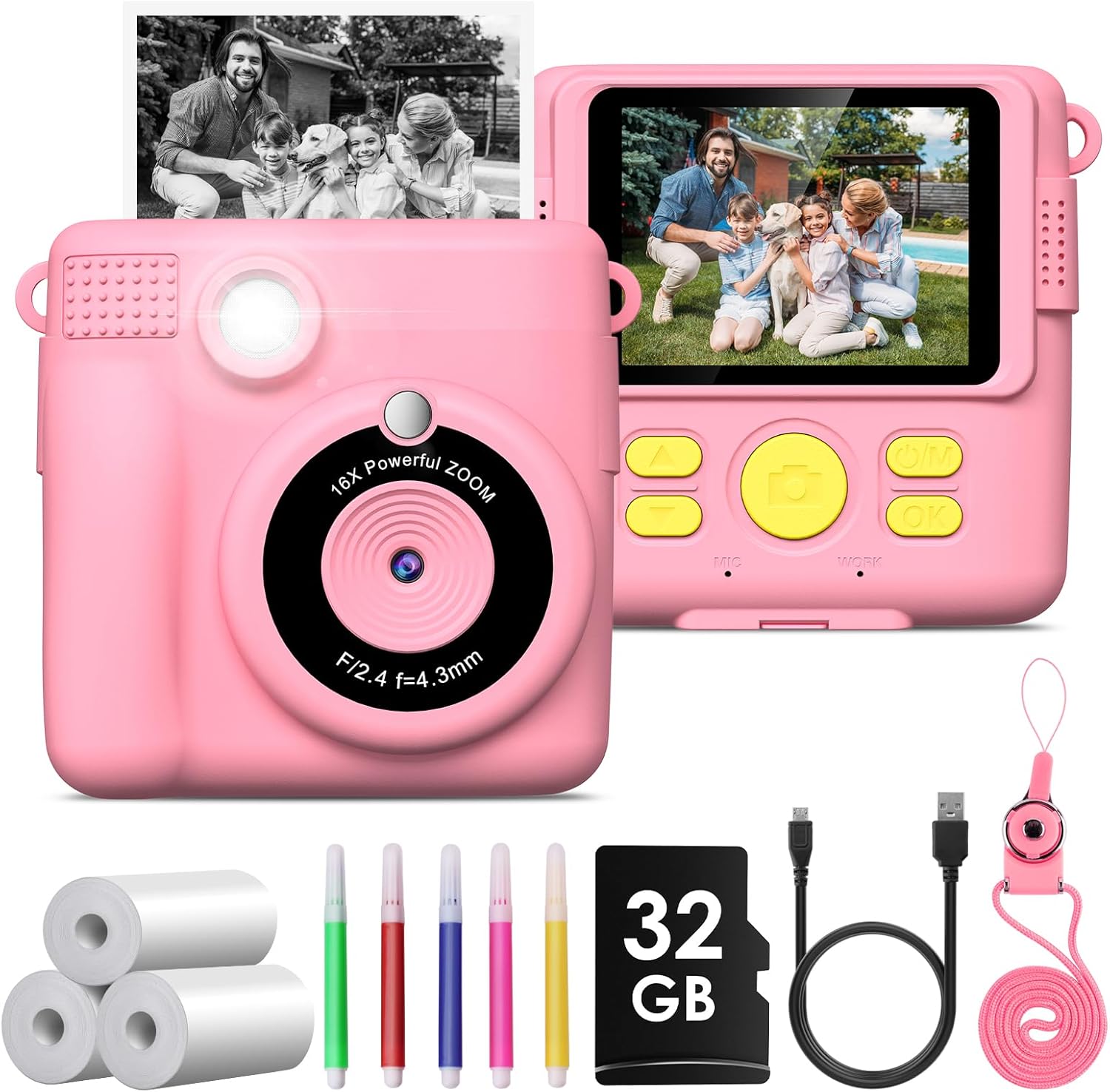 Appareil photo instantané pour enfants One Touch 1080P – impression thermique noir et blanc, carte 32 Go, 3 rouleaux de papier, 5 feutres, écran 2,4, autonomie 3 h – cadeau créatif Amazon