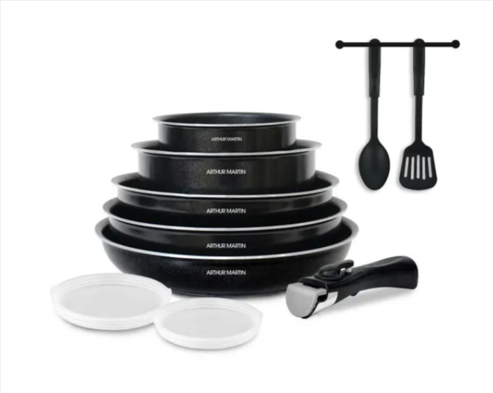 Arthur Martin batterie de cuisine 10 pièces en aluminium noir, poêle et casseroles antiadhésives, poignée amovible, couvercles hermétiques, tous feux sauf induction – Cdiscount.