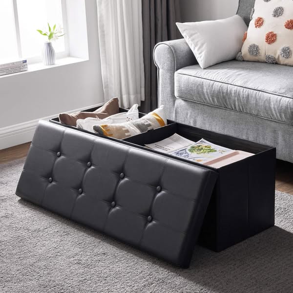 Banc de rangement pliable SONGMICS 120L noir – coffre bout de lit ou entrée, capacité 300 kg, assise confortable rembourrée, MDF solide, pliable et pratique, bon plan maison Amazon