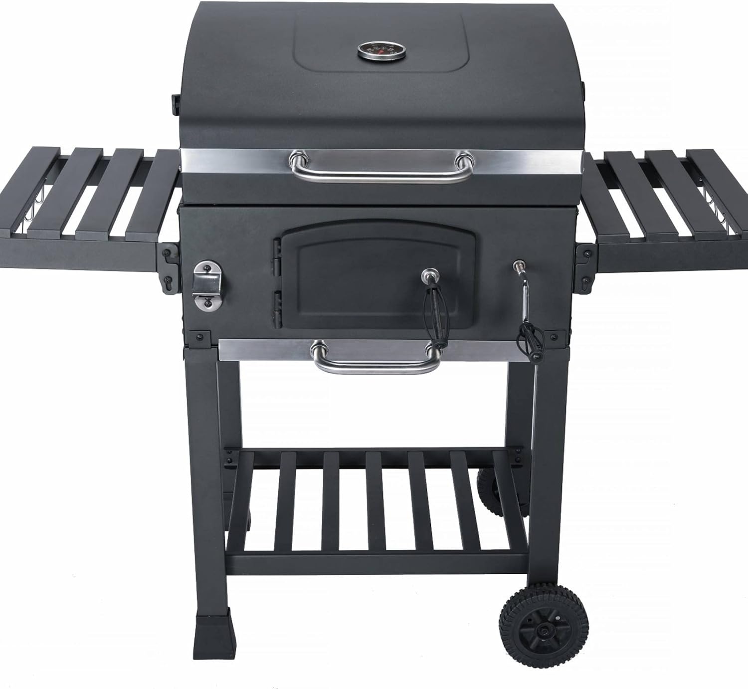 Barbecue charbon de bois Bernard Noir avec fumoir, aérateurs, récupérateur de cendres, et bac charbon ajustable, idéal pour l'extérieur.